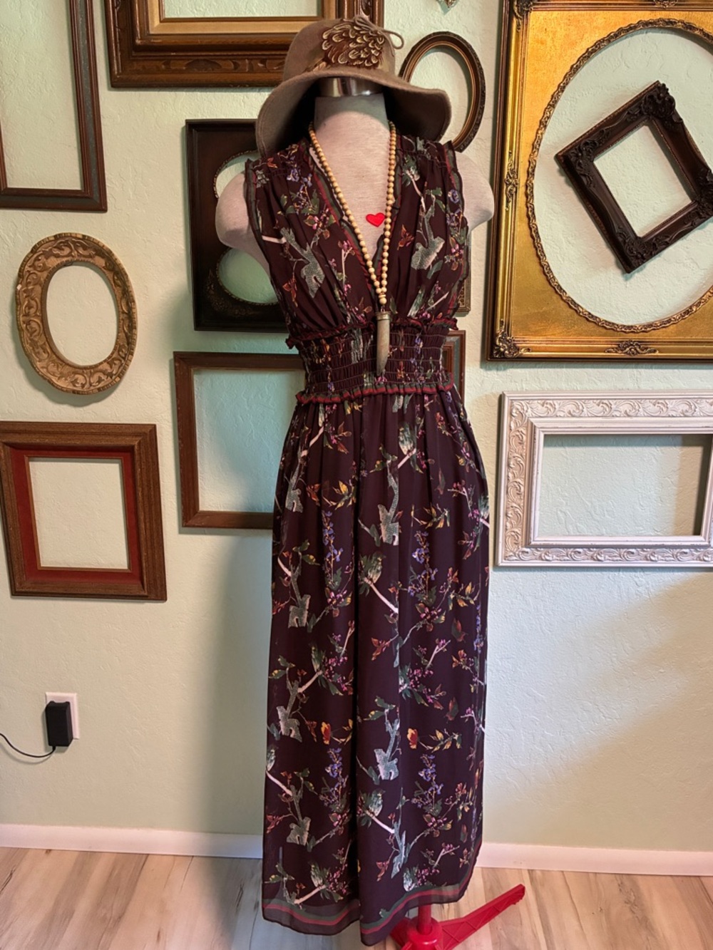 Max Studio Floral Sleeveless Maxi Dress in Plum and Green